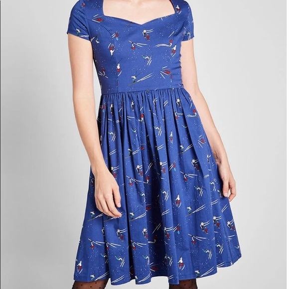 ModCloth NWT Ski Print Pleaser blue fit and flare dress women’s XS short sleeve - Picture 1 of 11